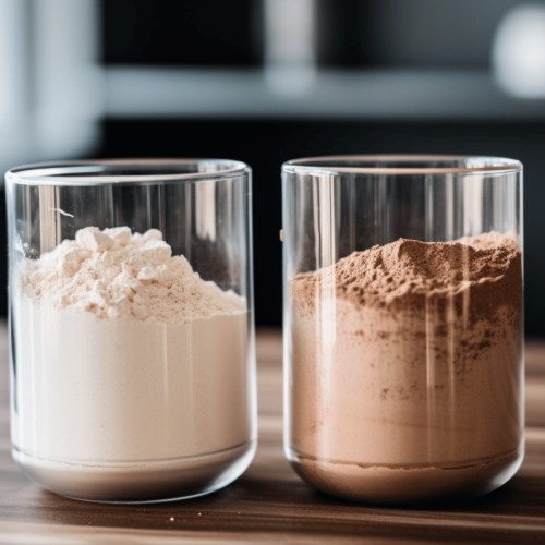 Two different types of protein powder on a modern kitchen counter; Whey and Plant Protein