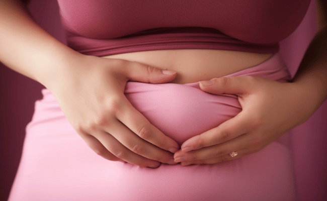 CloseUp of a womans belly. She is slightly overweight, wearing a pink shirt. One of her hands is grabbing a roll of her own belly fat.