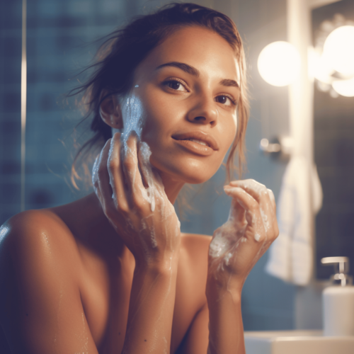 A beautiful woman washing her face with soapy cleanser in her bathroom