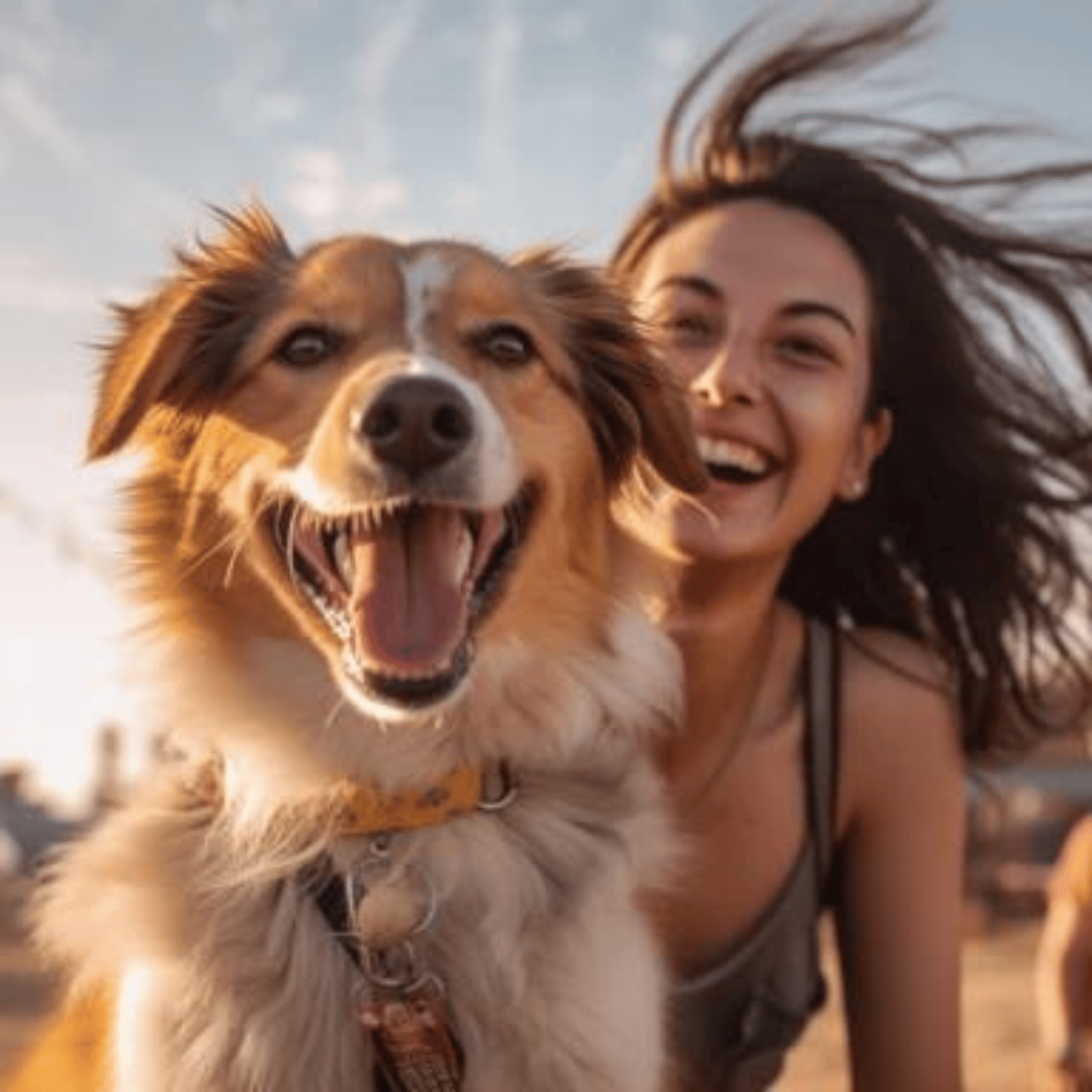 dog and their female owner behind them smiling