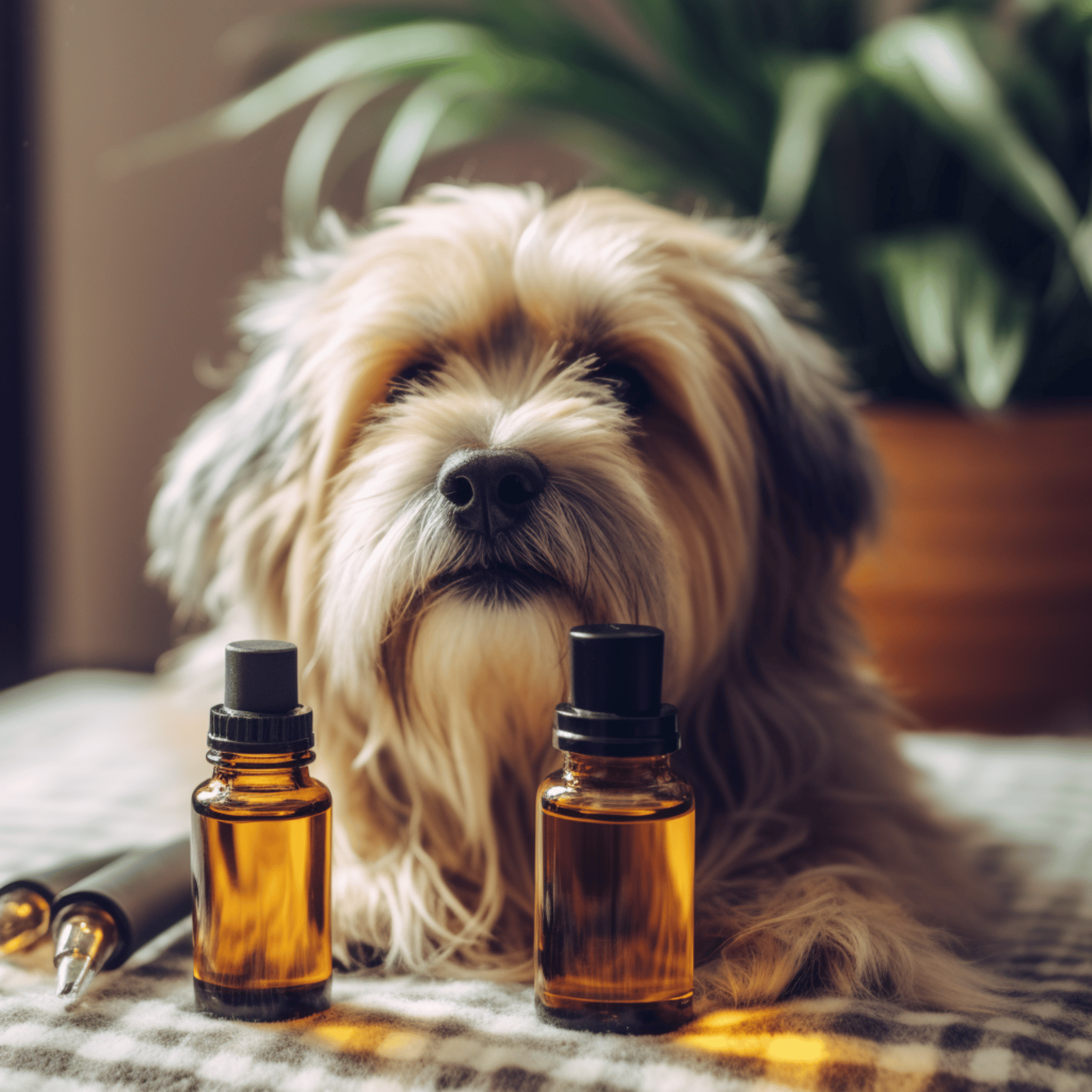 dog with CBD oils in front