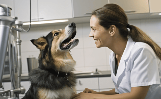 side view of young female friendly veterinarian and a cute friendly old dog on a veterinary examination table