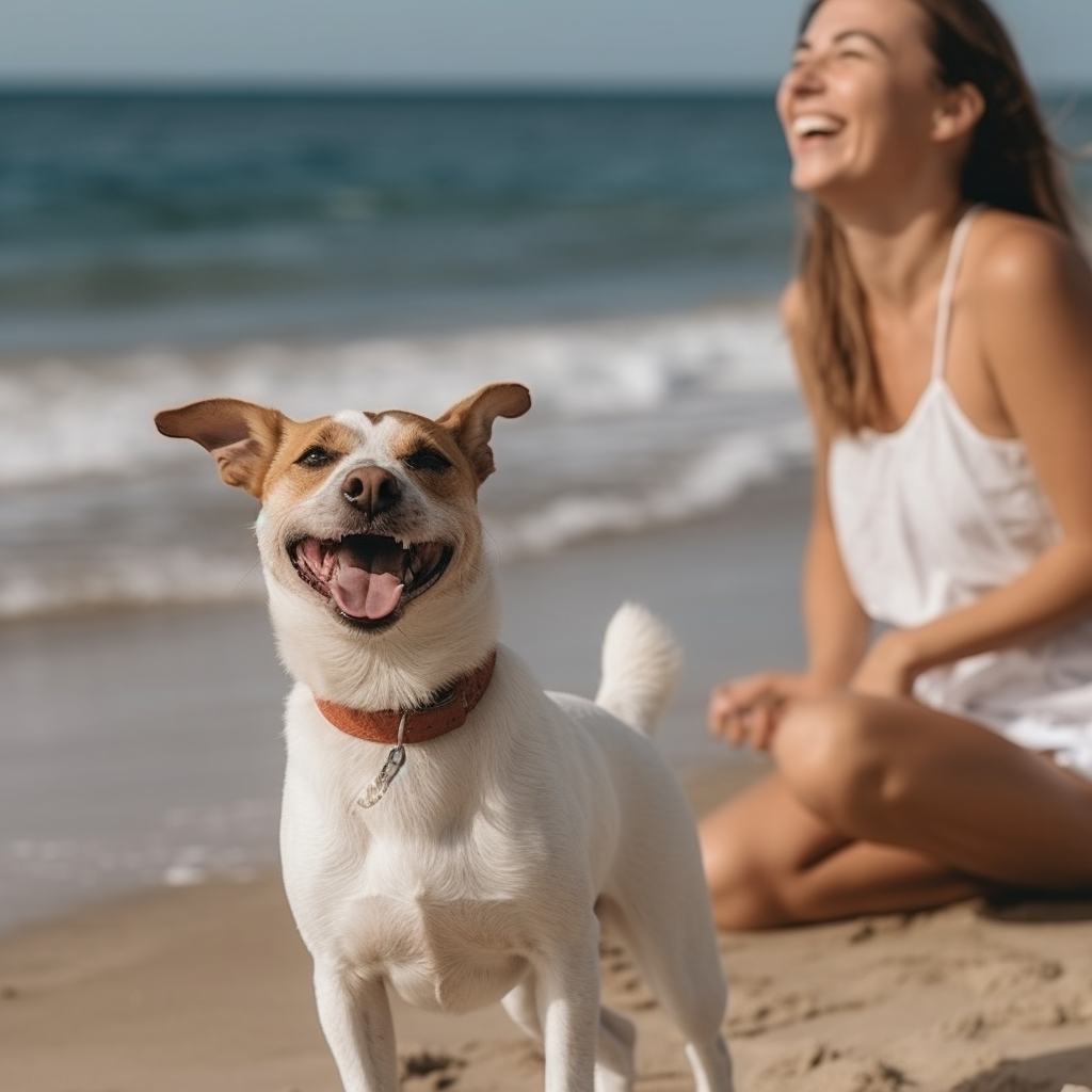 Jack russel terrier female enjoying and barking to waves on beach with attractive blonde woman