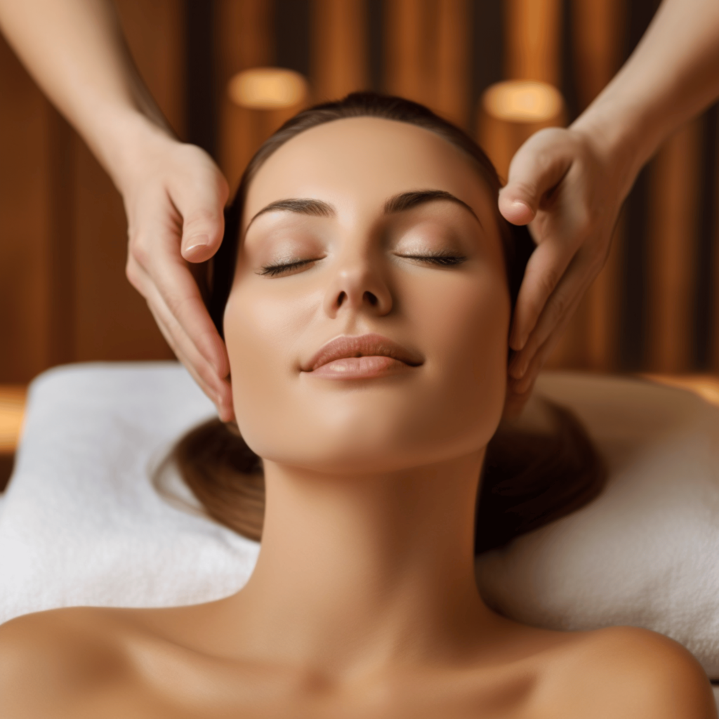 Woman laying on the massage table for face massage.