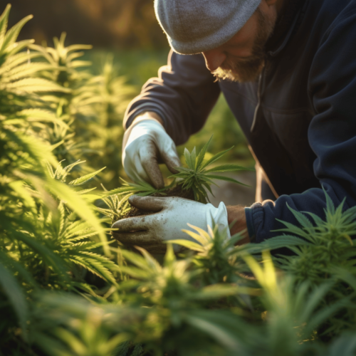 A farmer cuts cannabis leaves in a field