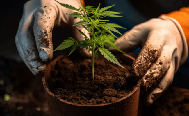 planting a cannabis hemp sapling in black container with rich soil