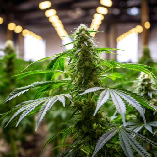 a close up, detailed shot of hemp plant in an indoor farm