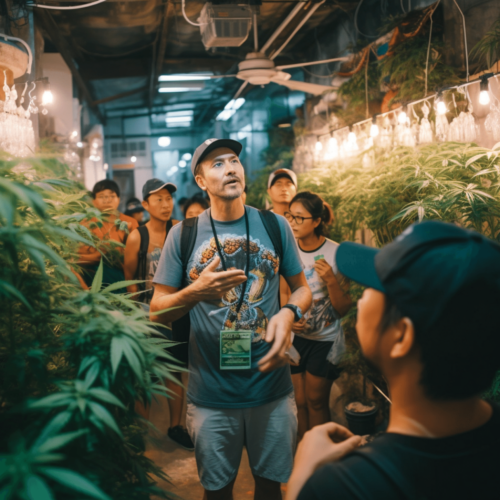 man in a cannabis plant indoor plantation with colleagues