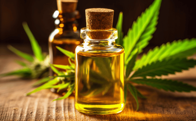 Medical cannabis products and hemp leaf, CBD oil.