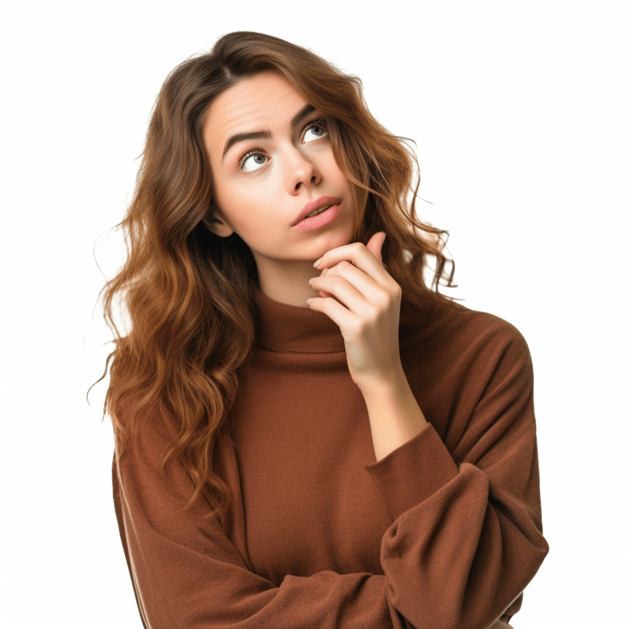 Woman 20 years old confused thinking, white background