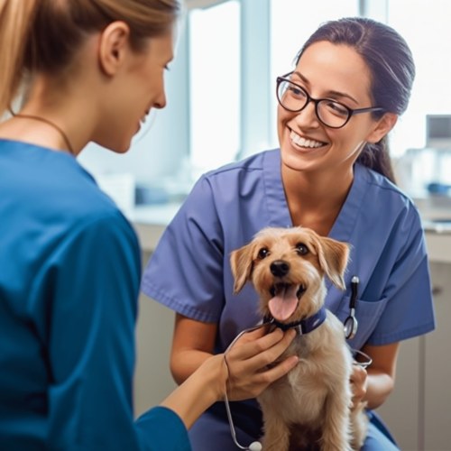 Veterinarian giving injection to a happy dog in clinic