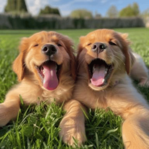 Golden retriever puppies rolling around on grass lawn playing with each other with silly grins open mouth