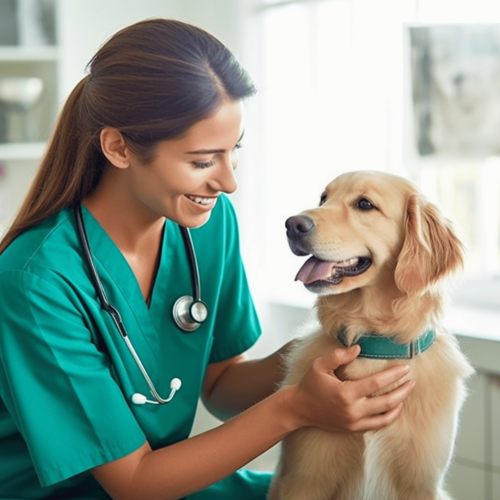veterinarian dressed in green scrubs and examining the a golden retriever with a soft smile