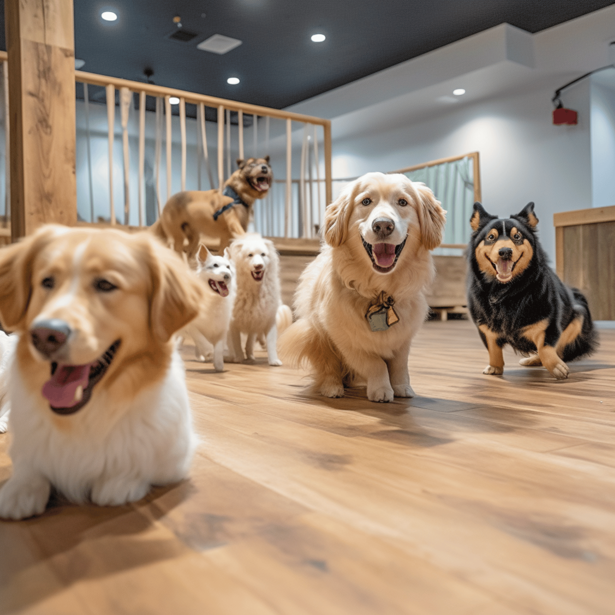 a group of happy pampered dogs playing together inside at a luxurious dog boarding facility