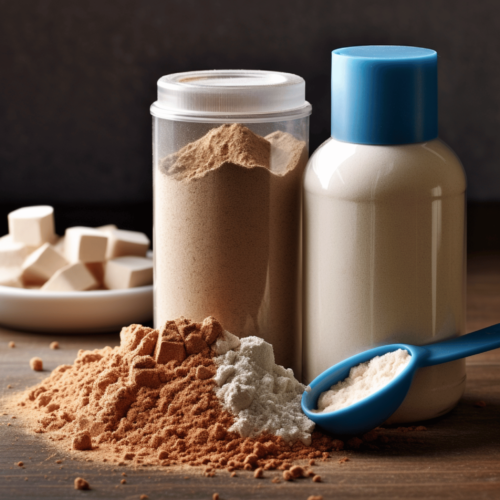 different variations of protein powder in a plastic container with lid, few scattered beside the container