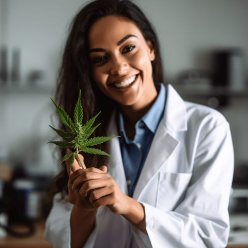 female researcher holding cannabis leaves