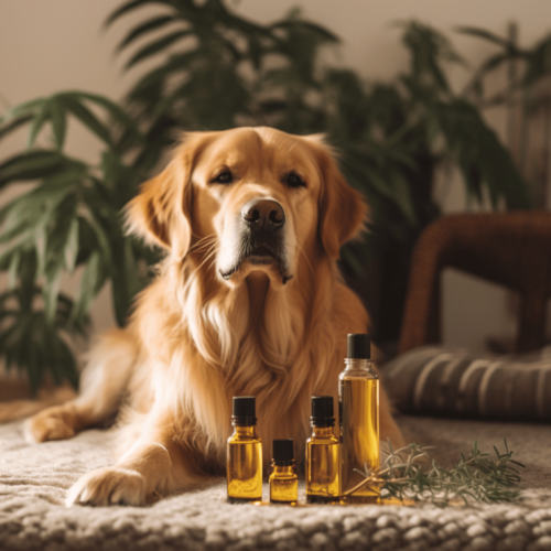 golden retriever with cbd oils in front