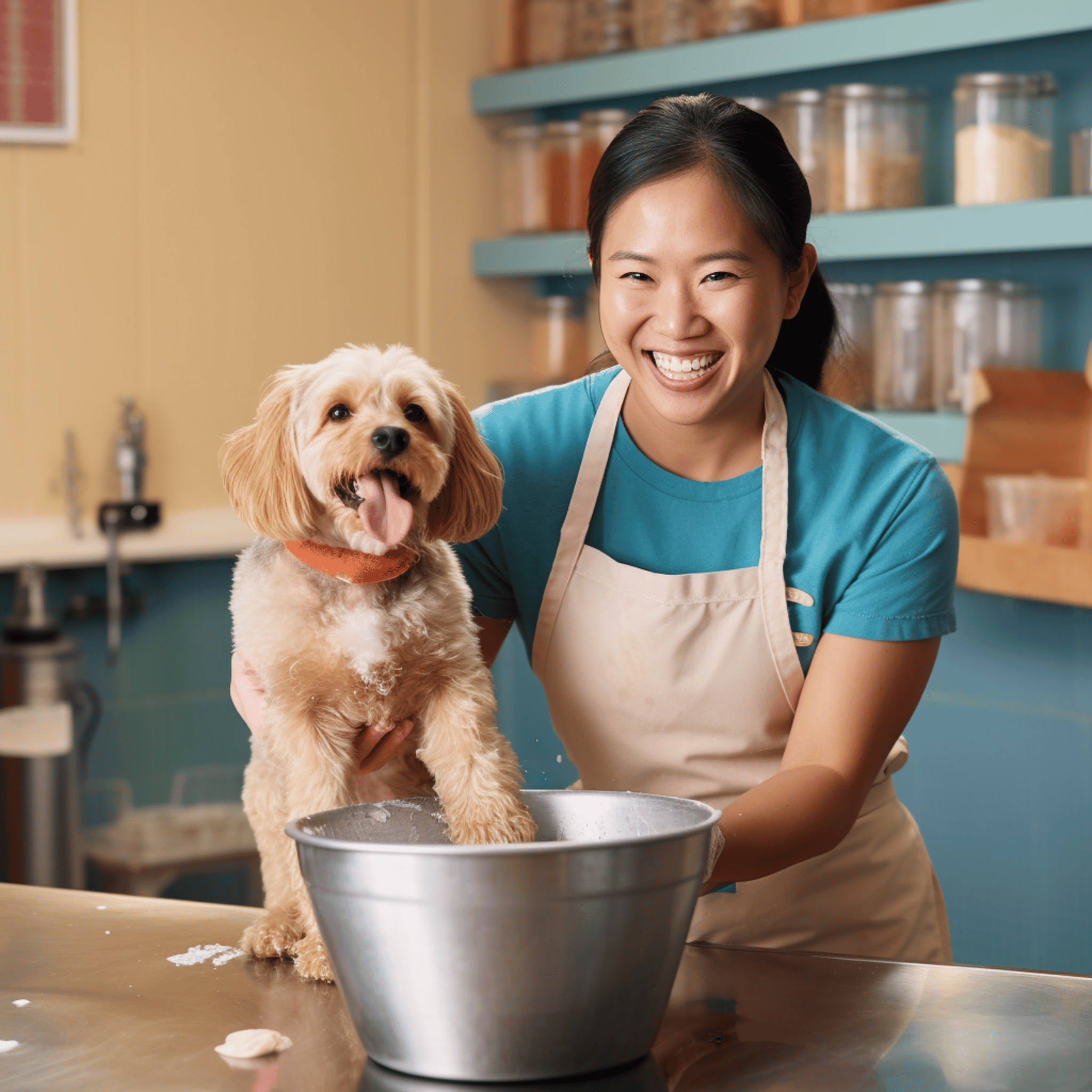 A person, wearing gloves and an apron, is shown standing next to the pail, holding the mixing spoon and pouring one of the concentrated ingredients into the pail.