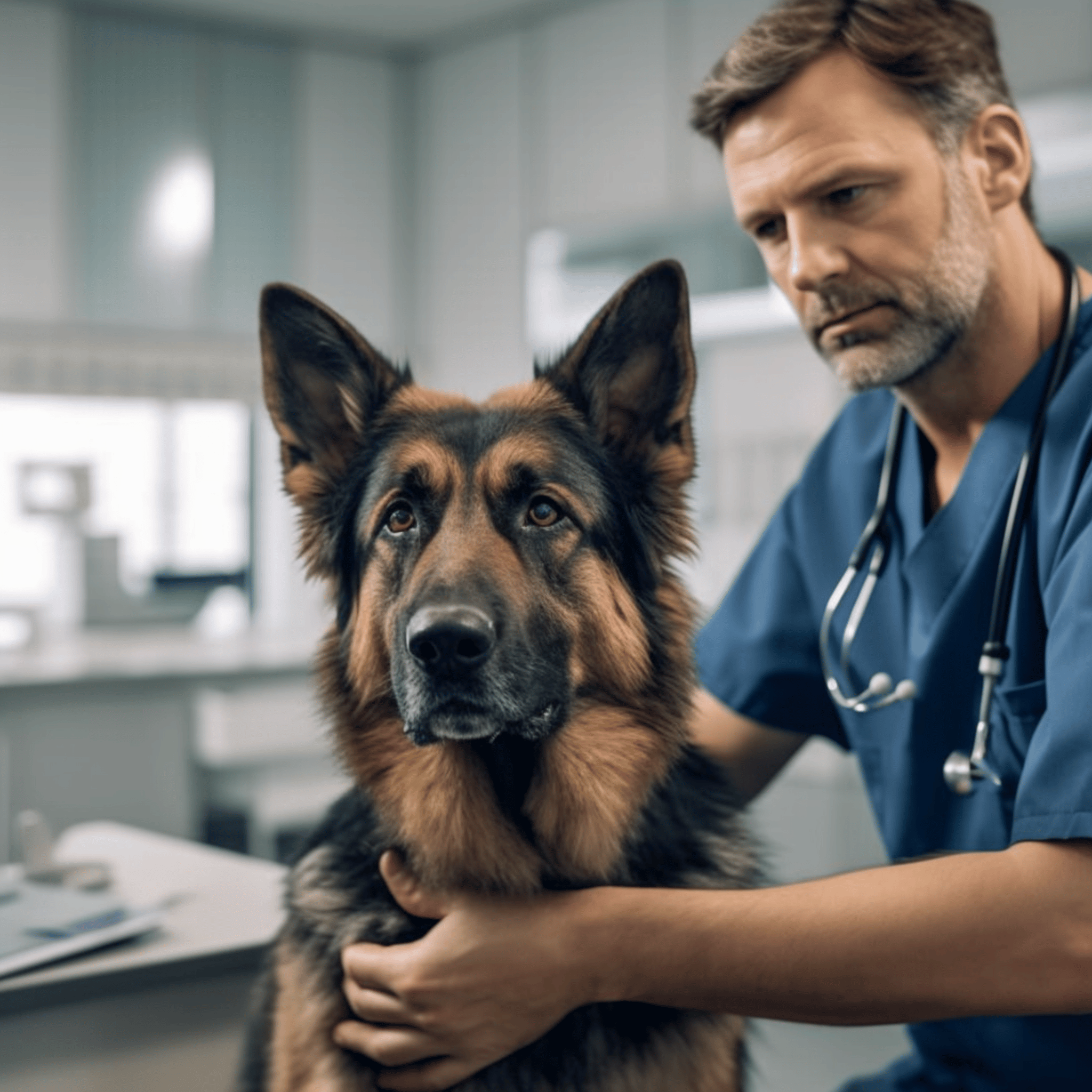 shepherd dog being checked by the veterinarian at a vet clinic