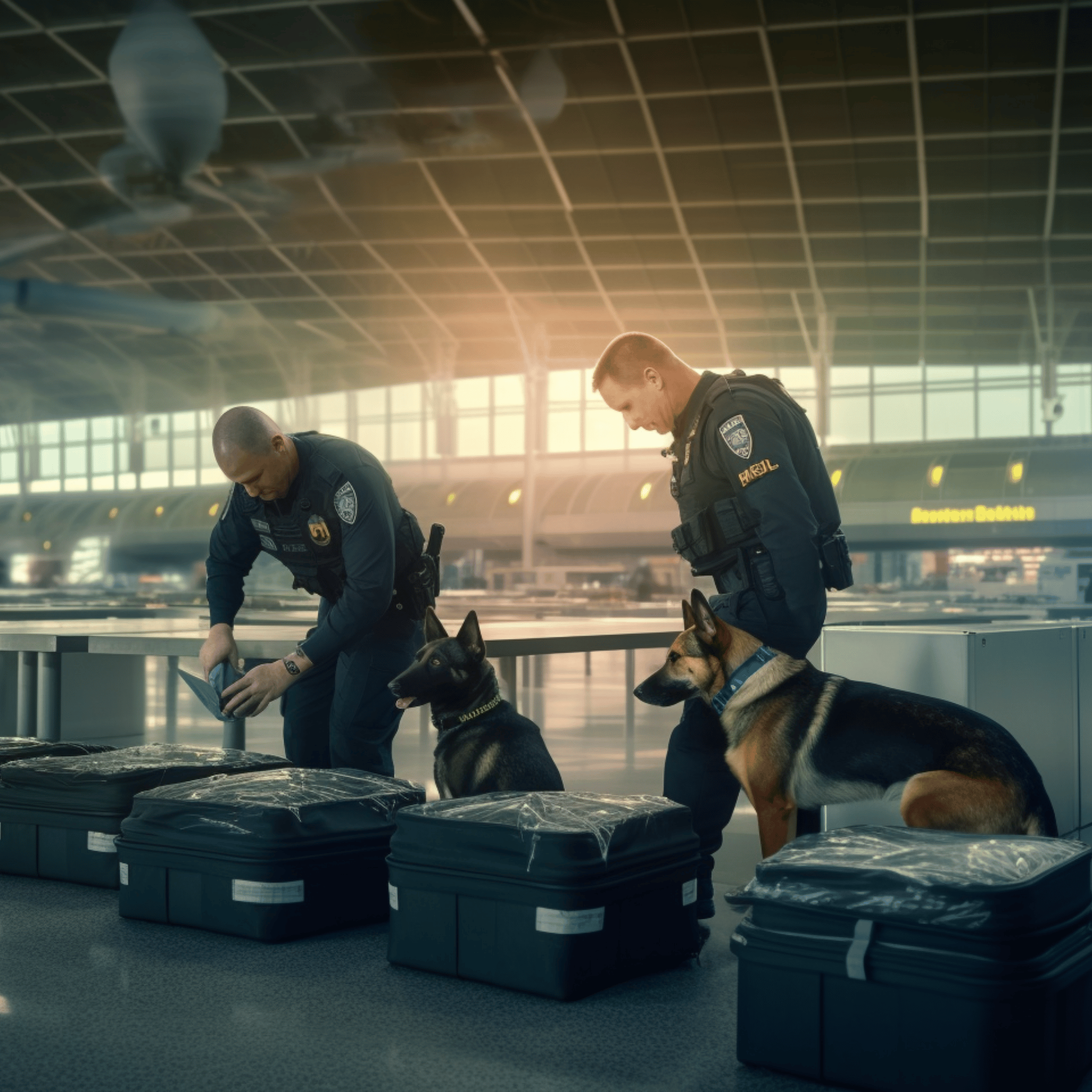 Customs officials checking luggage, drug sniffing dogs