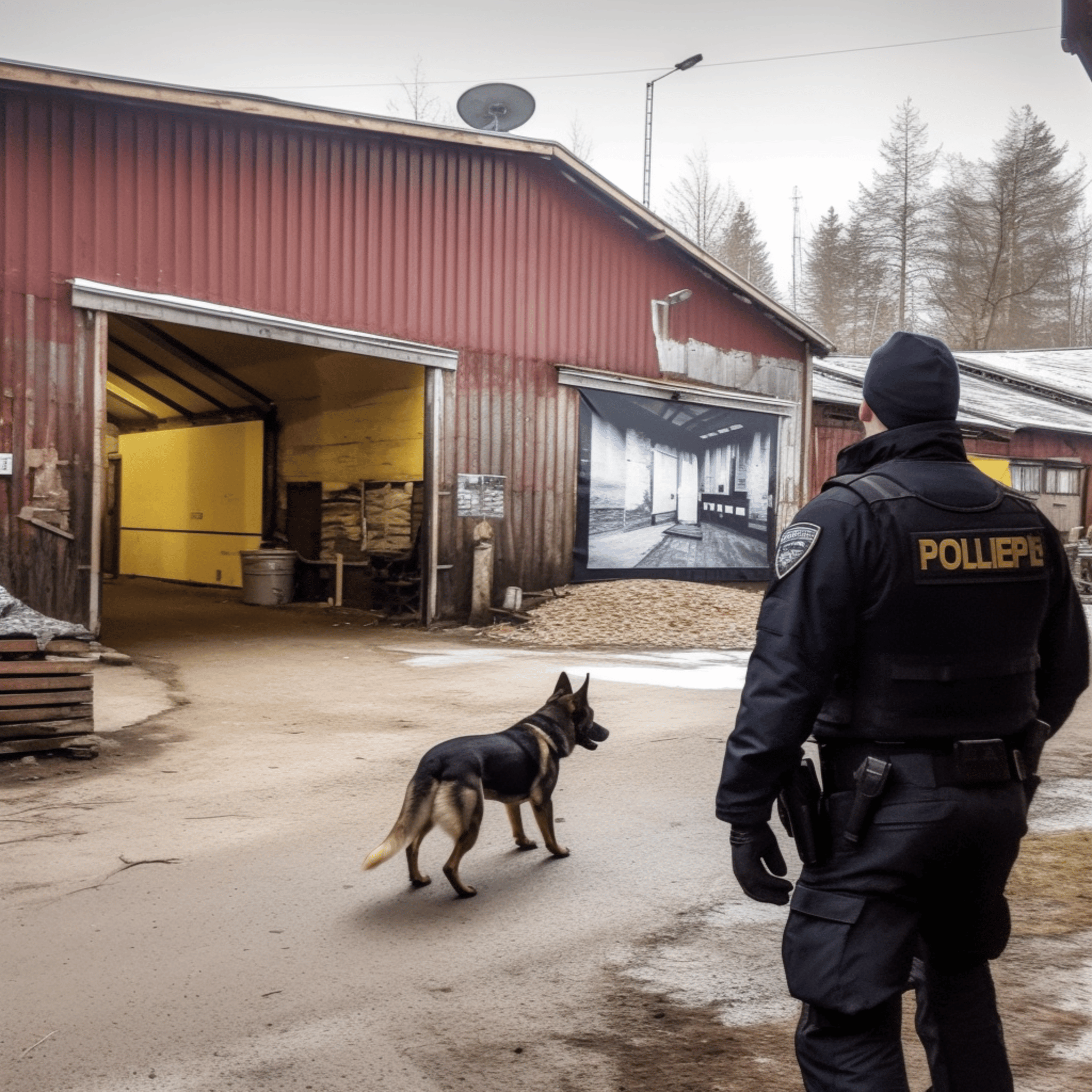 drug sniffing dog in a crime scene, sawmill