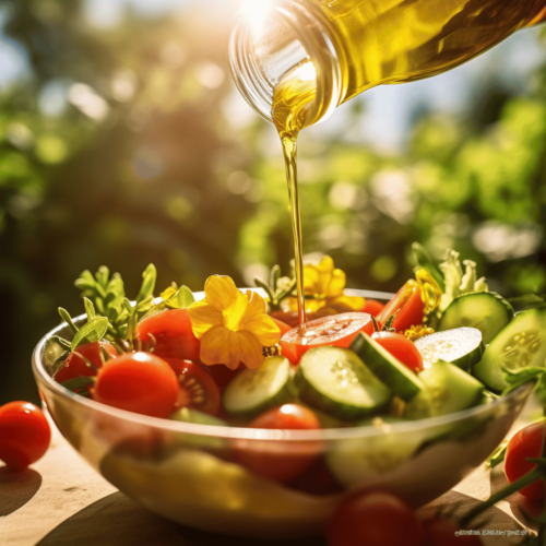 Sunflower oil is poured into a bowl with vegetable salad