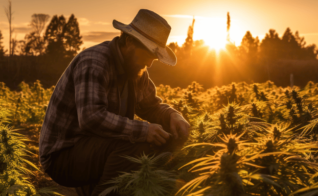 A farmer cuts cannabis hemp leaves in a cannabis field, at sunrise