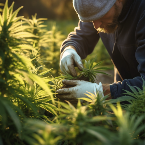 man planting hemp plant, sunny day