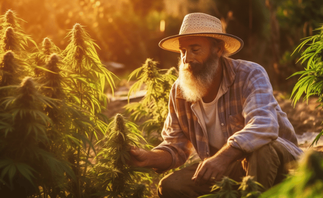 Farmer collecting cannabis sativa plant, sunlit