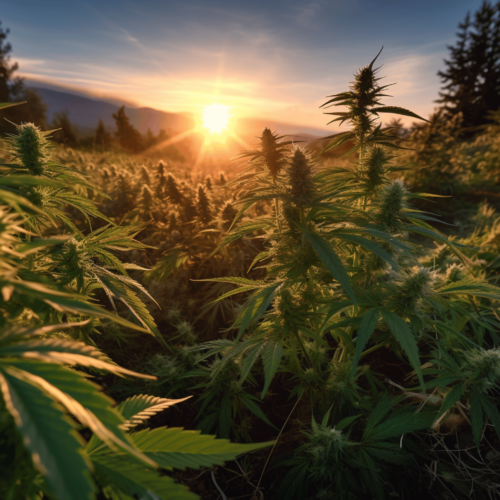 A cannabis field with the sun setting on the horizon