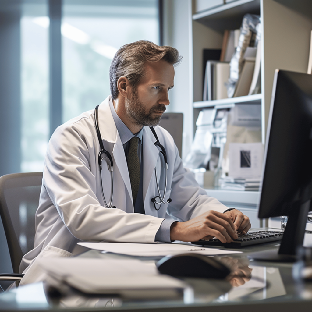 dedicated male doctor. sitting at his desk in front of a sleek, modern computer