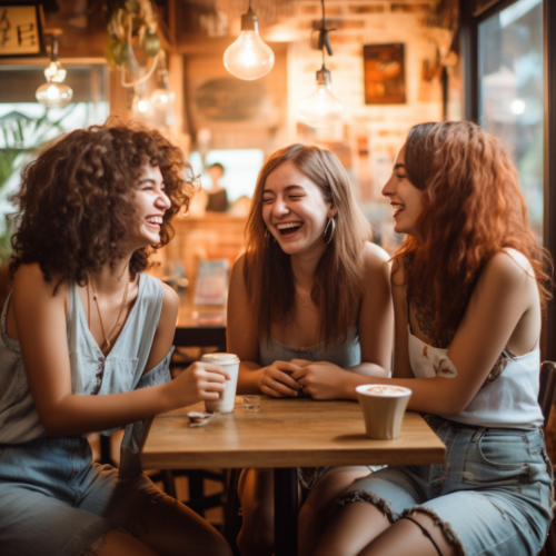 three young girls, talking, having fun, set in a coffee shop