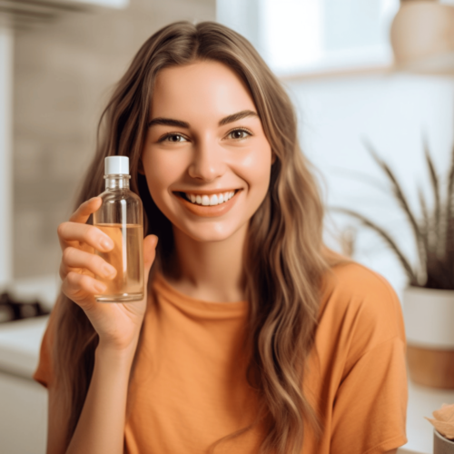 Happy beautiful female holding small bottle near face,