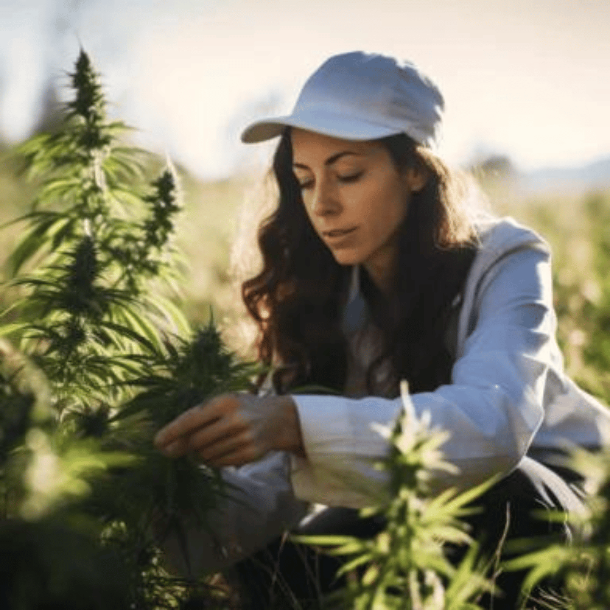 woman in a cannabis field, sunlit