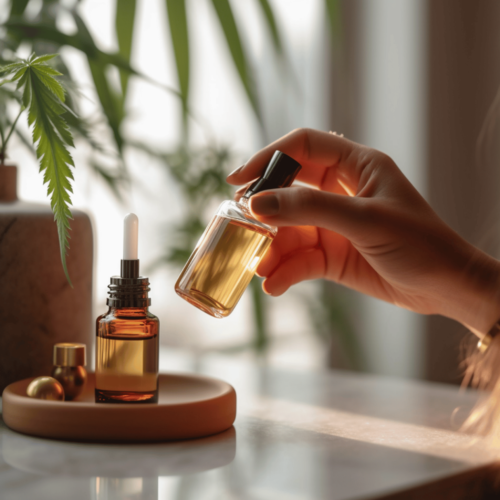 A close - up shot of a person's hand gently lift the hemp seed oil bottle