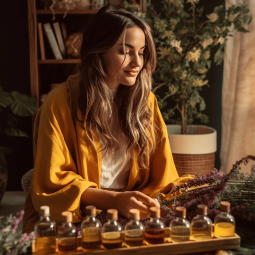 An aromatherapist drinking a cup of tea with some hemp oils
