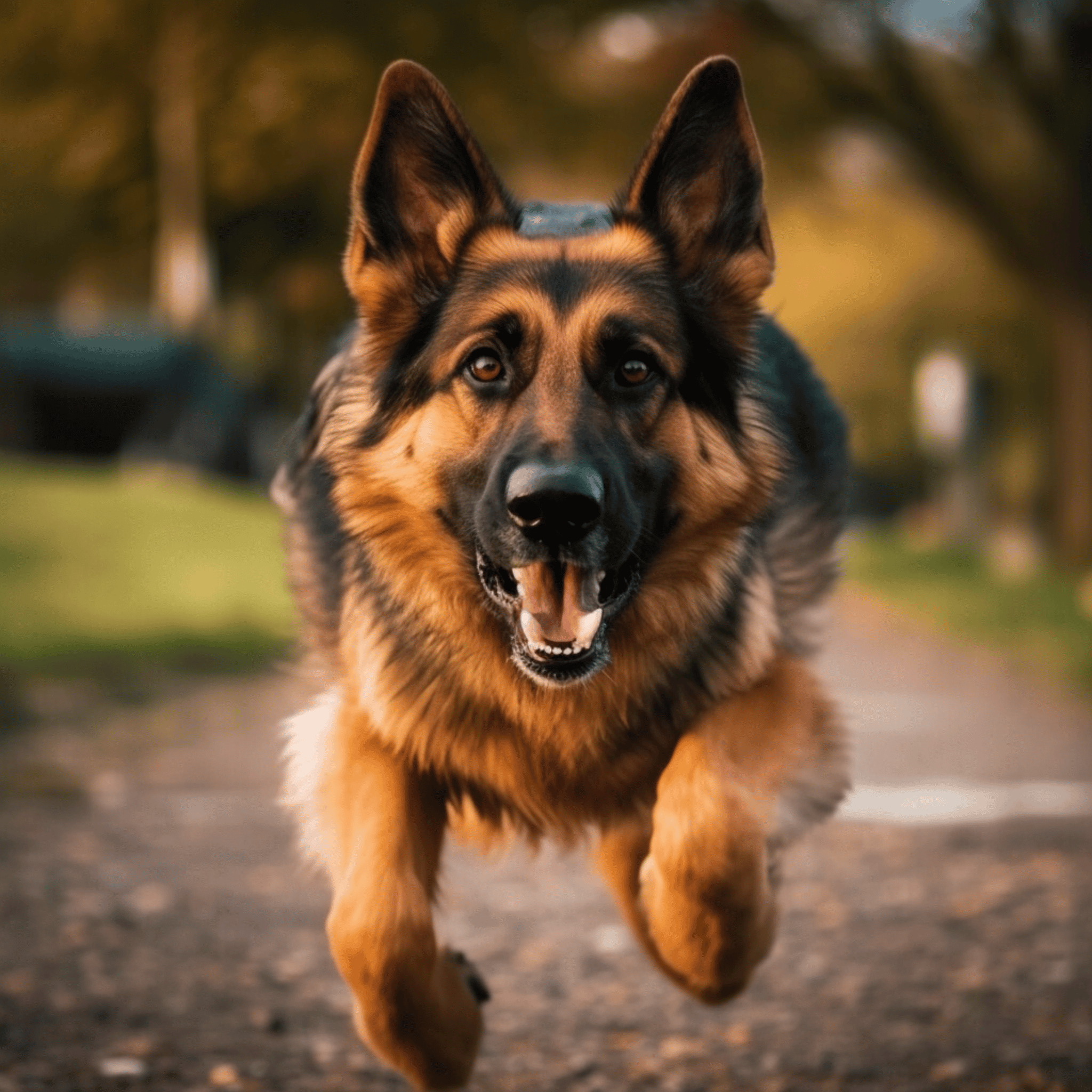 A german shepherd running and looks like he want to attack