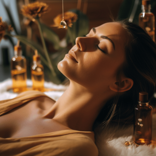 woman relaxing beside hemp seed oil
