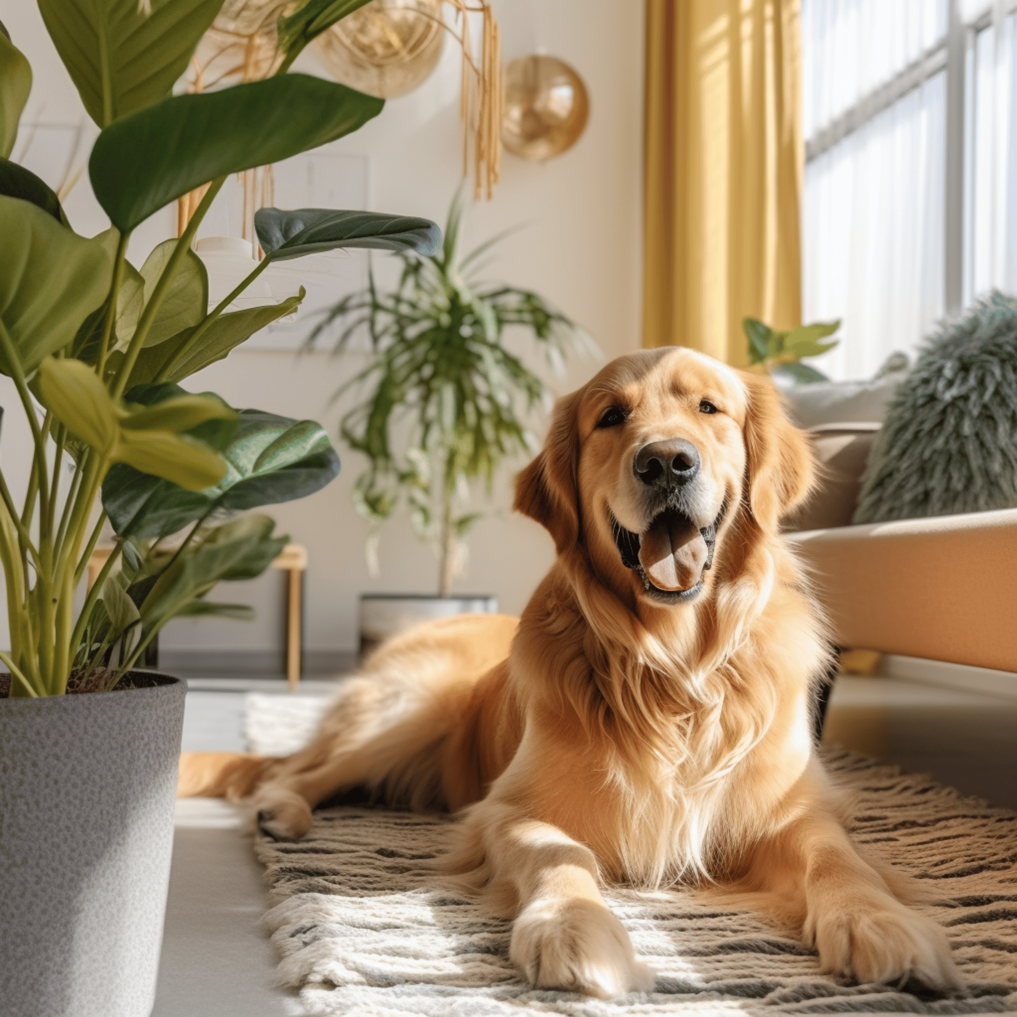 Smiling golden retriever dog nearby the sofa, green plant, warm home, soft rug, sunshine