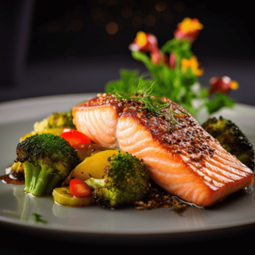 healthy meal that is rich in omega 3; Grilled Salmon with Quinoa and Roasted Vegetables