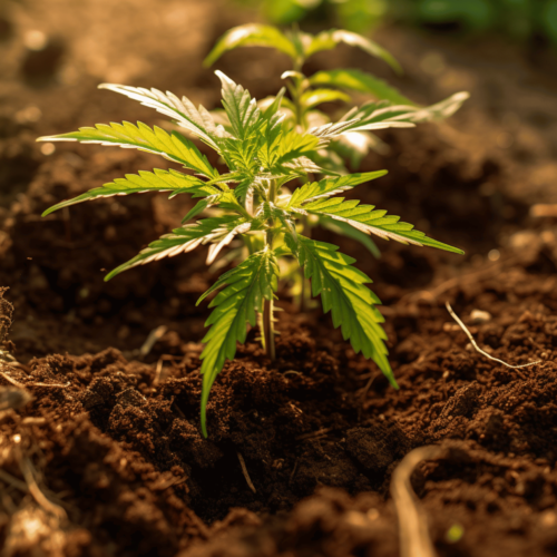 cannabis plant in healthy soil with its first fan leaves