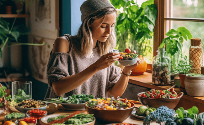 woman in the kitchen with health foods on the table