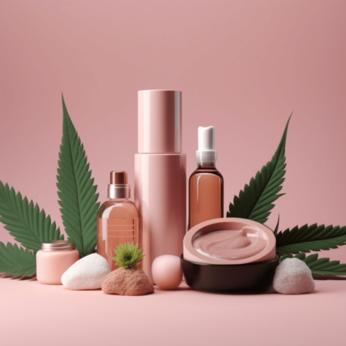 sample oh hemp infused cosmetic products in a pink background