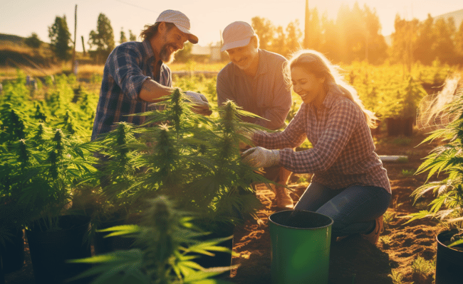 A cheerful shot of people working together in the hemp field