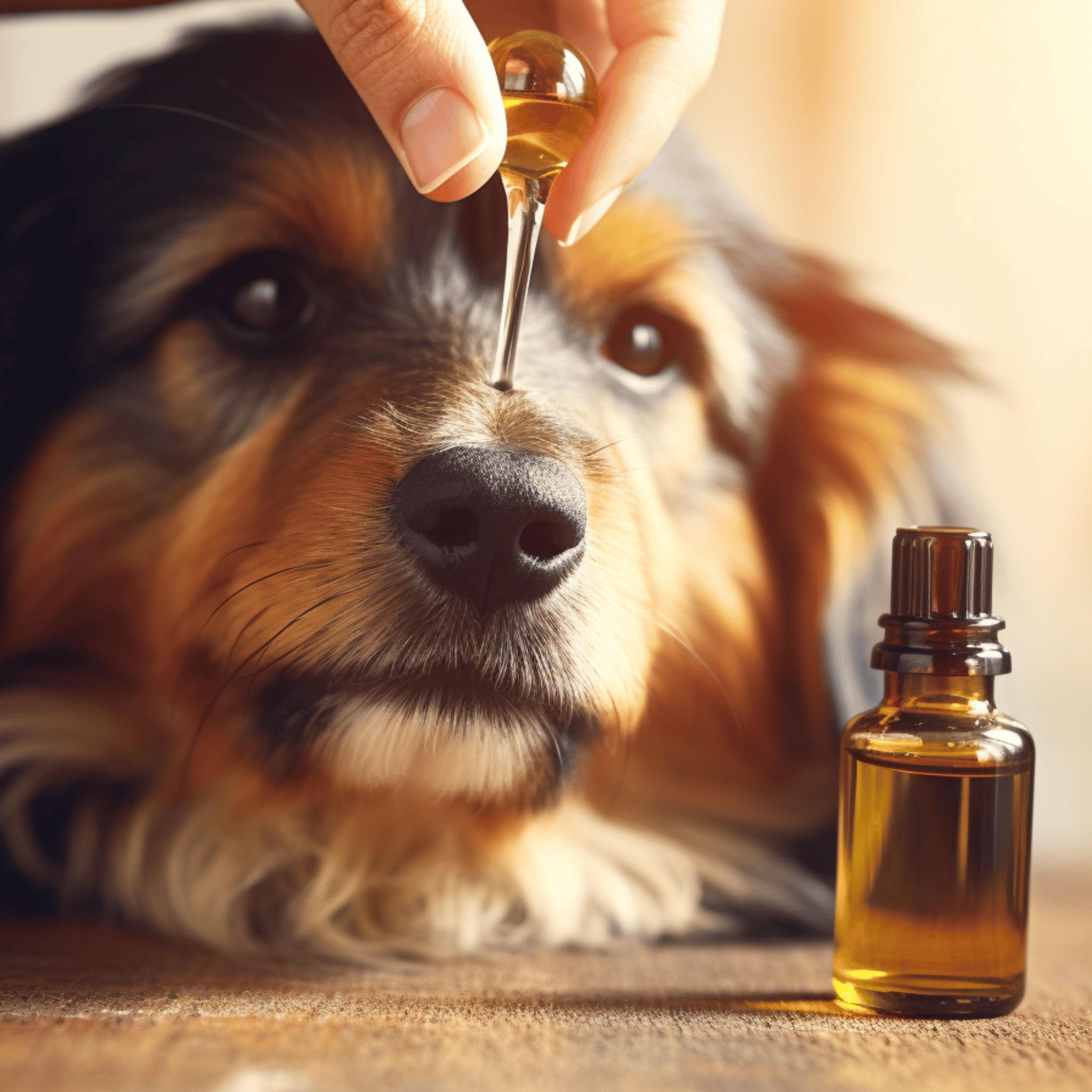 Hand giving dog hemp oil by licking a dropper pipette