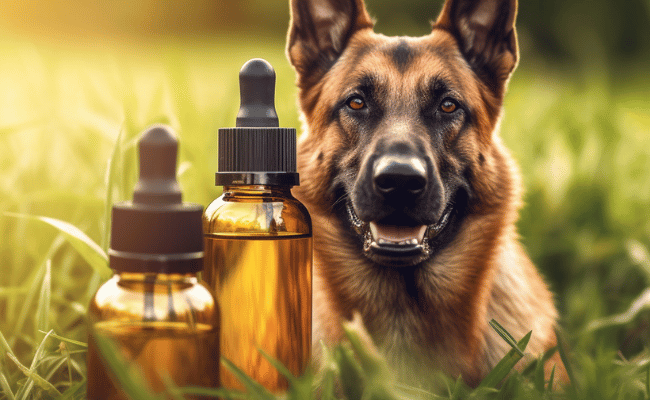 Belgian Malinois Shepherd Dogs in close - up with bottles of hemp oil bottle, in a beautiful meadow with a natural and fresh environment