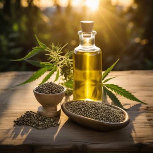 hemp seed oil, hemp seeds, and cannabis leaves