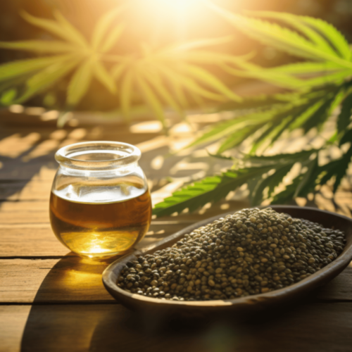 hemp seed oil in a small glass bottle and hemp seeds in a wooden plate, sunlit