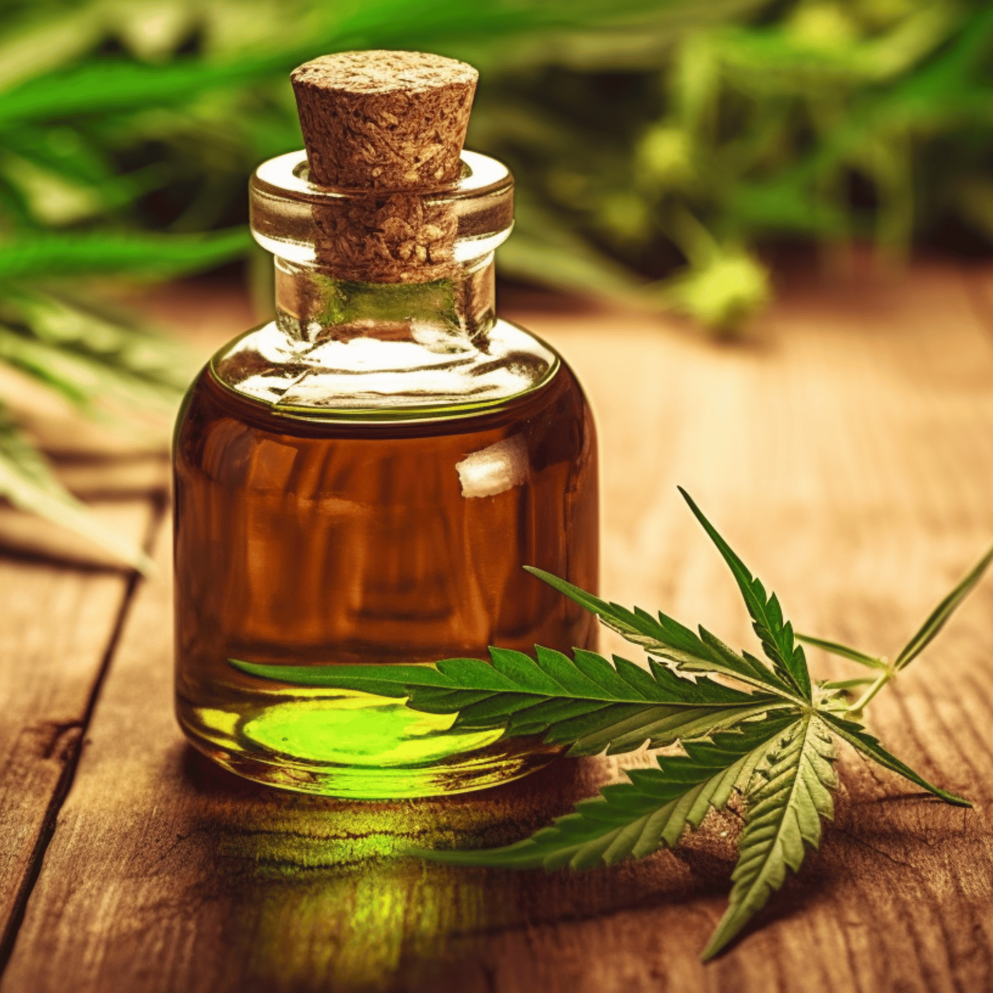 Hemp oil in a small dark glass bottle with a cannabis leaf next to it. On a wooden old table and on a green natural background.