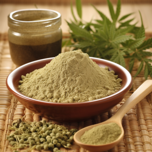 hemp protein powder in a wooden bowl with a wooden spoon